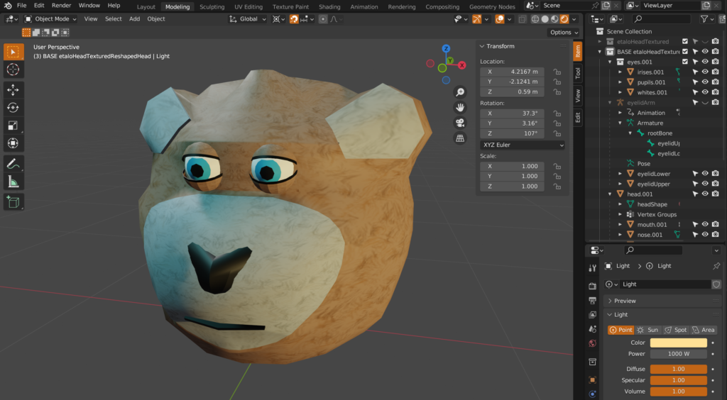 indiependent studio using blender to make a 3d lit bear for the Roblox game